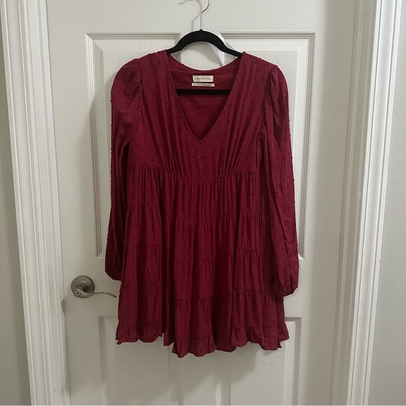 URBAN OUTFITTERS Textured Long Sleeve Frocked Mini Boho Dress Women’s Sz XS red - Picture 3 of 6